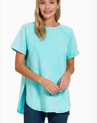 Sure Thing Washed Top Cuff Sleeve Top in Sky Mint