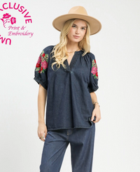 Happy Day Floral Embroidered Denim Top