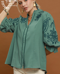 Hazel Tribe Lagoon Embroidered Sleeve Top