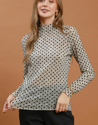 Cream Polka Dotted Mesh Long Sleeve Top