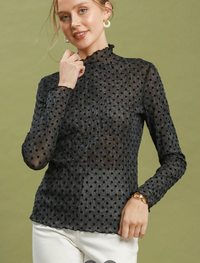Black Polka Dotted Mesh Long Sleeve Top