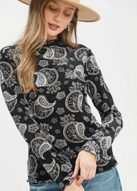 Western Paisley Mesh Long Sleeve Top