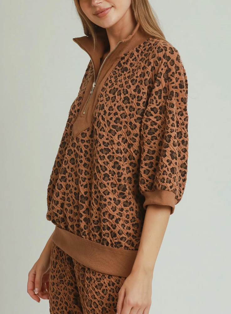 Live in Leopard Textured Quarter Zip Pullover & Pant Lounge Set