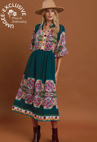 Prairie Fire Teal Boho Floral Midi Dress