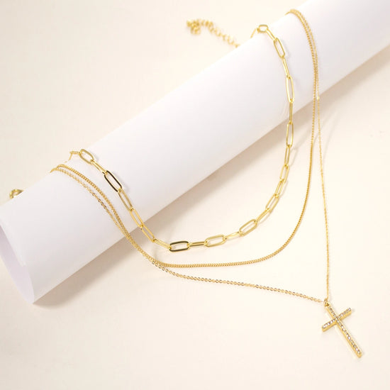 Triple Layer Crystal Cross Necklace