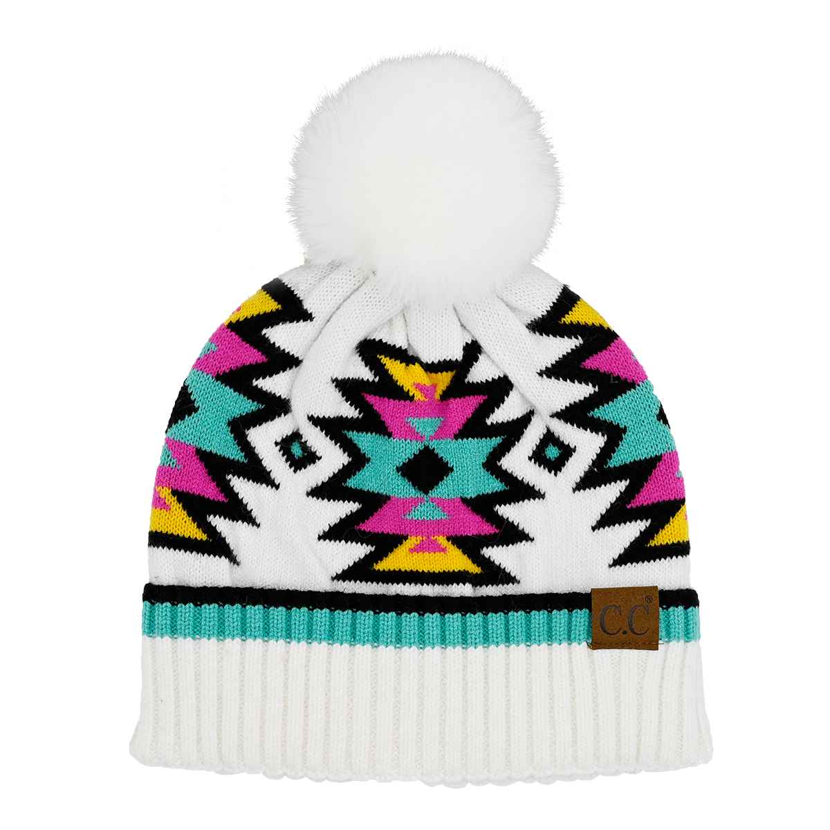 Load image into Gallery viewer, Neon Aztec Pattern Pom Beanie
