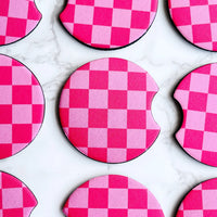 Pink Checkered Car Coaster Set