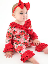 Poinsettia Wonderland Knit Long Sleeve Ruffle Flare Romper