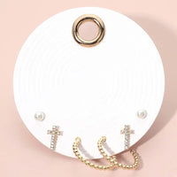 Pearl, Cross & Hoops Gold Earring Set