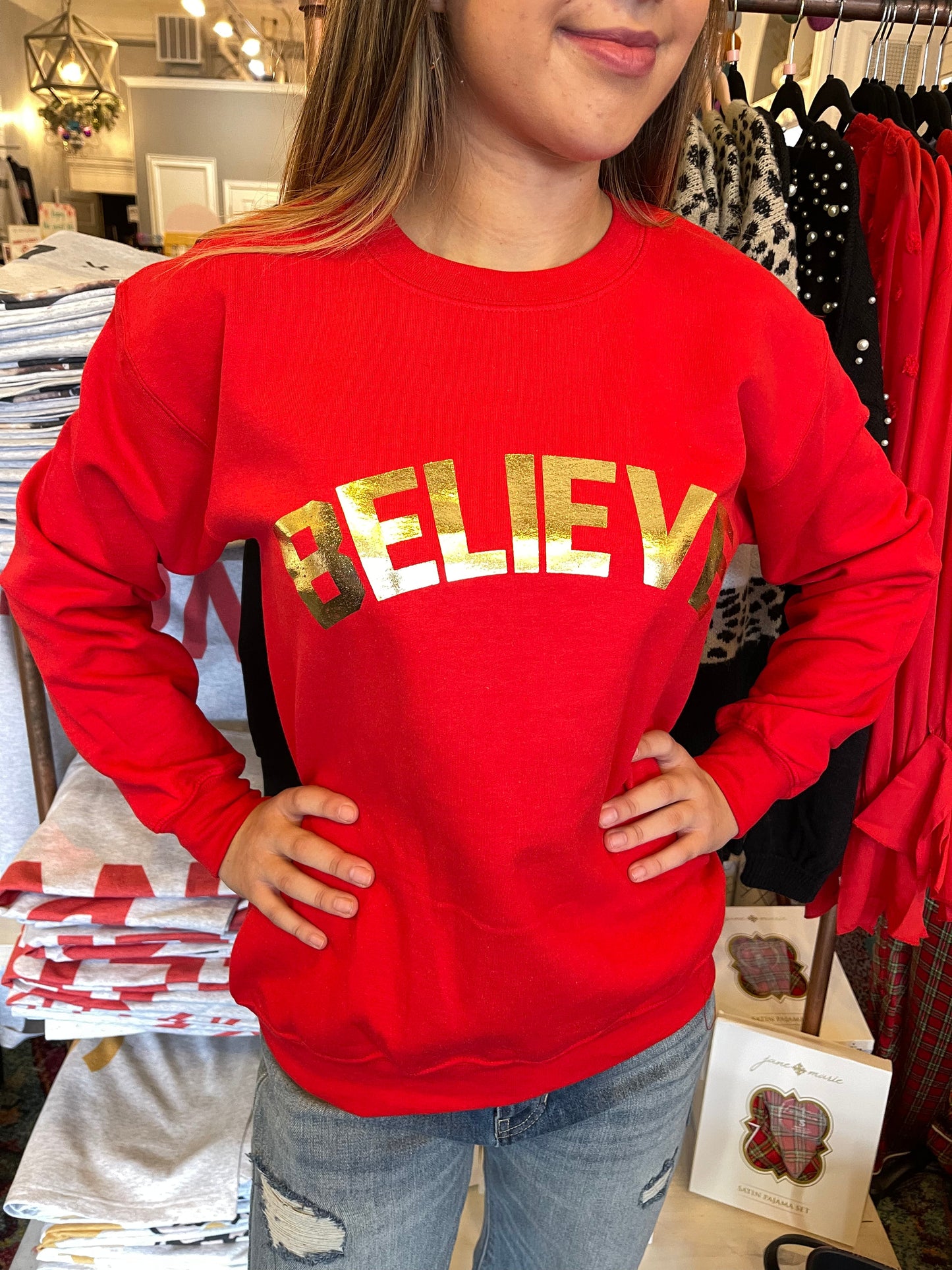 Believe Red Foil Sweatshirt | S-3X