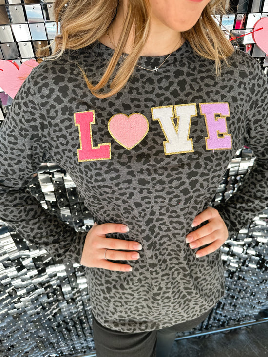 Love Chenille Patch Leopard Long Sleeve  Tee