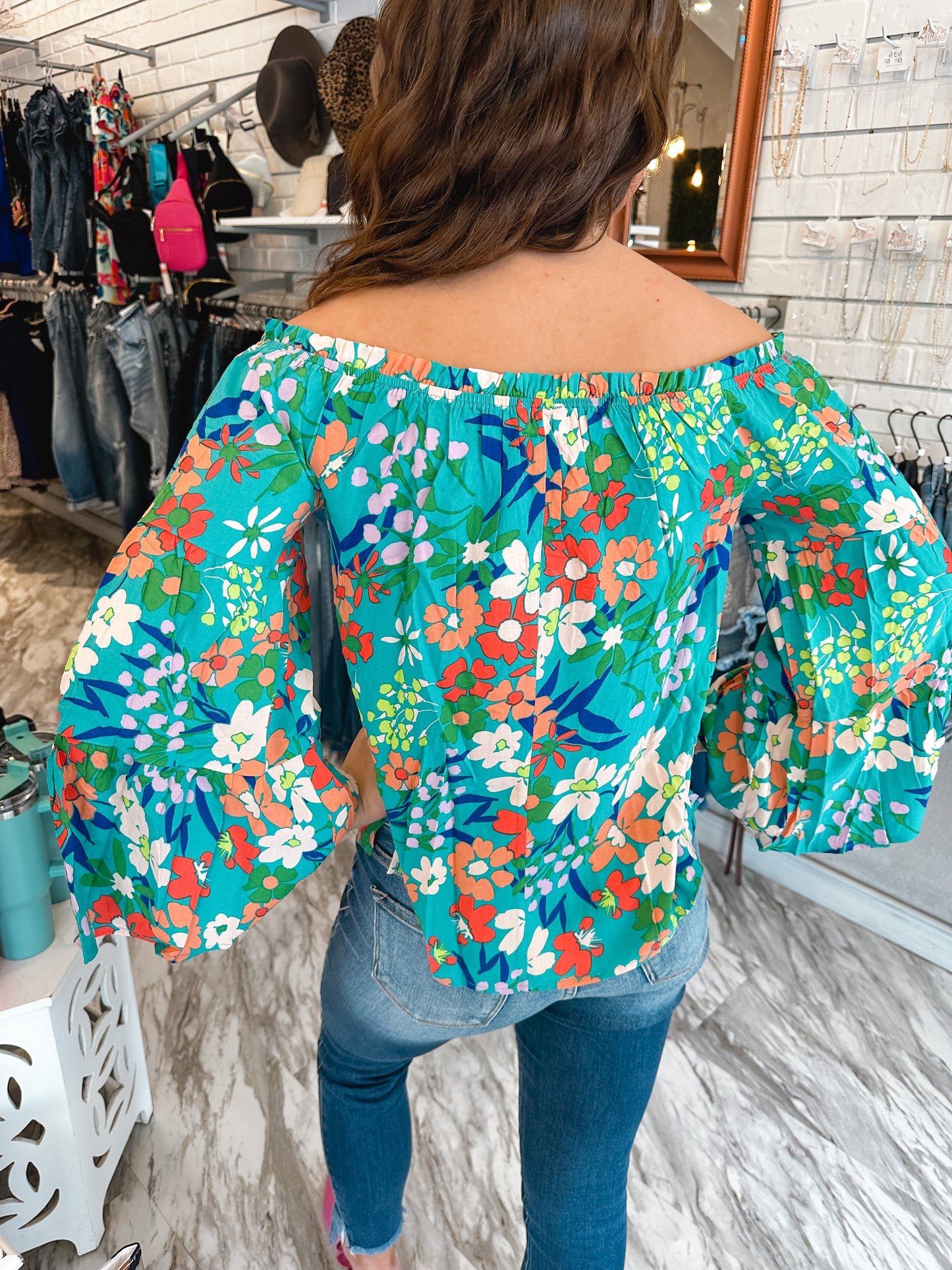 Load image into Gallery viewer, Mostly Coastal Emerald Floral Off Shoulder Top
