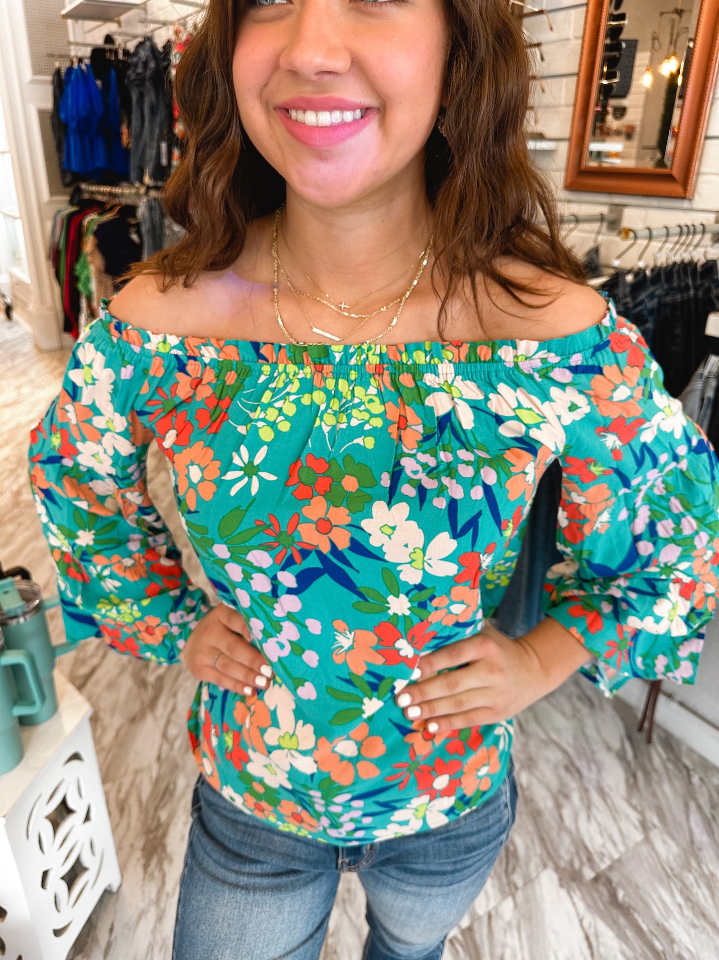 Load image into Gallery viewer, Mostly Coastal Emerald Floral Off Shoulder Top
