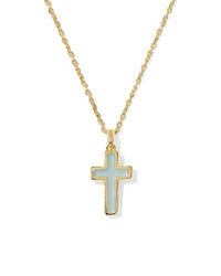Cross Gold Pendant Necklace in Matte Light Blue Dichroic Glass