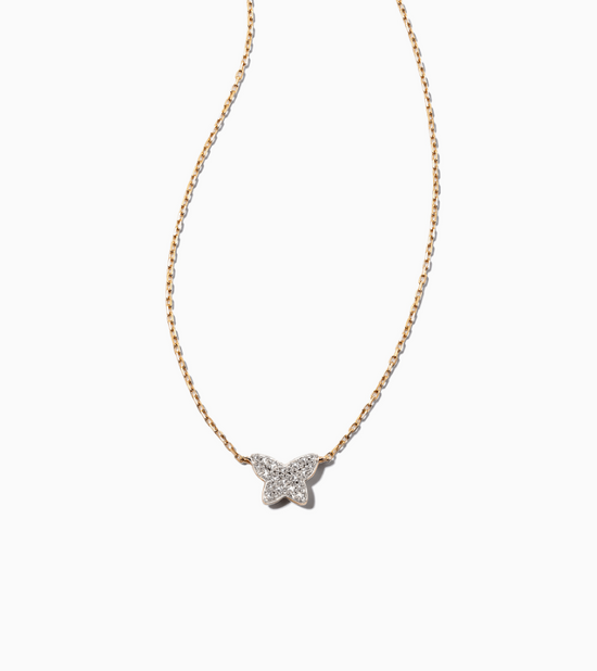 Butterfly 14k Yellow Gold Pendant Necklace in White Diamond