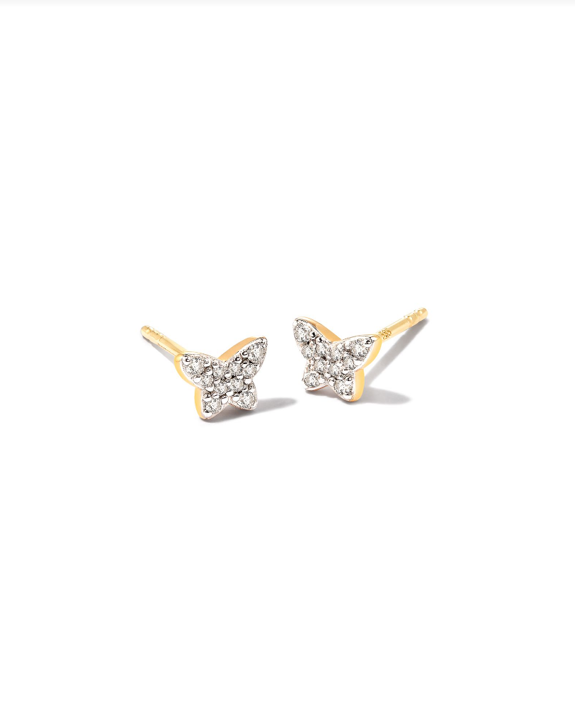 Butterfly 14k Yellow Gold Stud Earrings in White Diamond