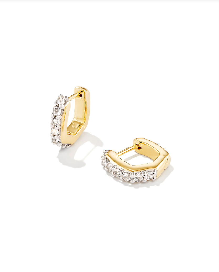 Davie Huggie Hoop Earring in White Topaz | Sterling Silver + 18K Gold