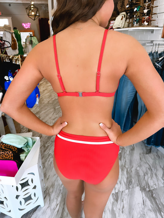 Load image into Gallery viewer, High Tides Ribbed High Rise Bikini Red Swimsuit
