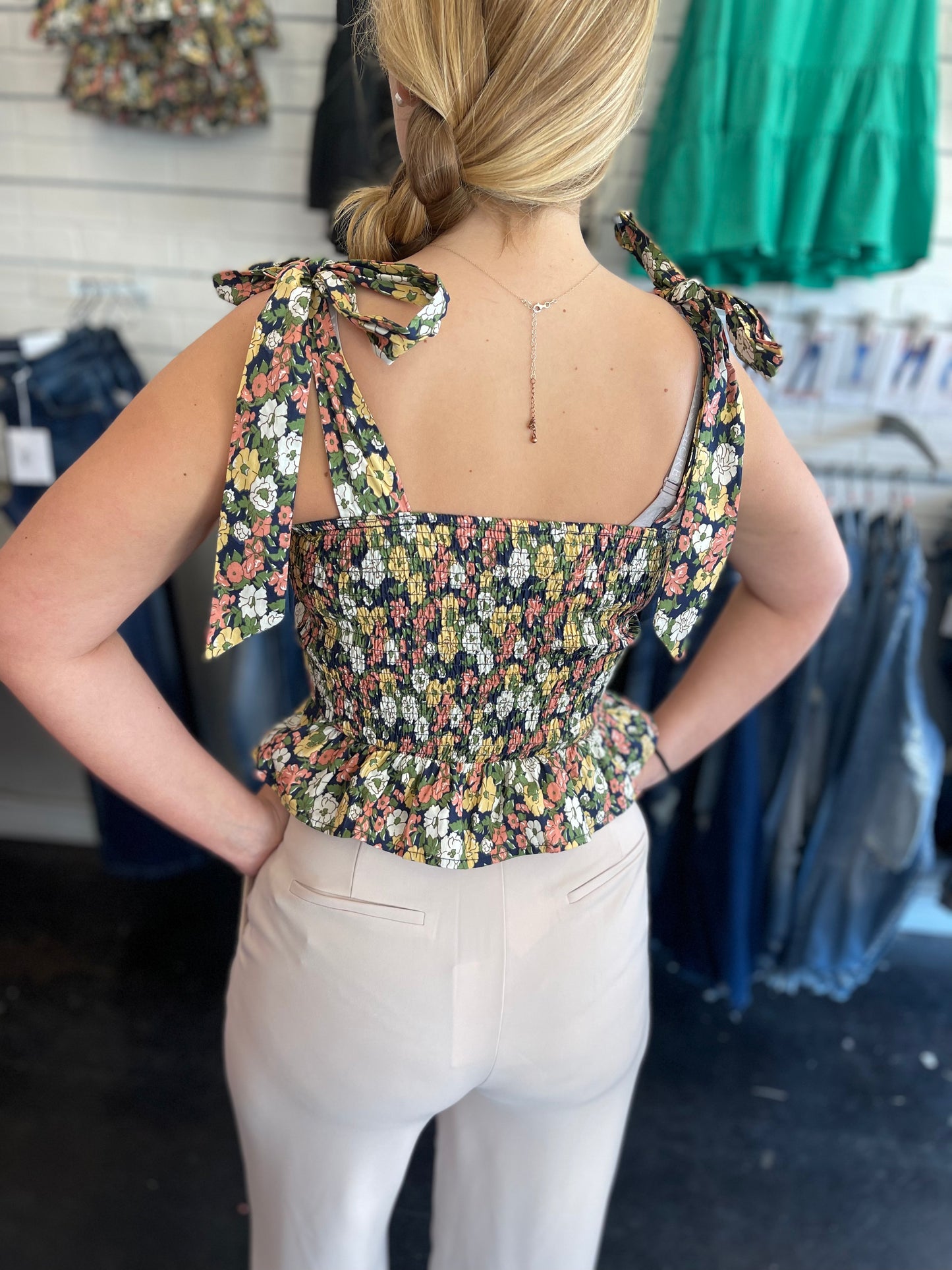 Wild Poppy Smocked Floral Navy Top