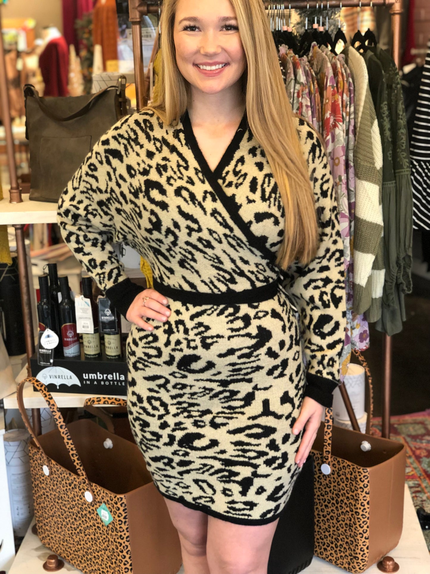 Cheerful Leopard Knit Wrap Dress