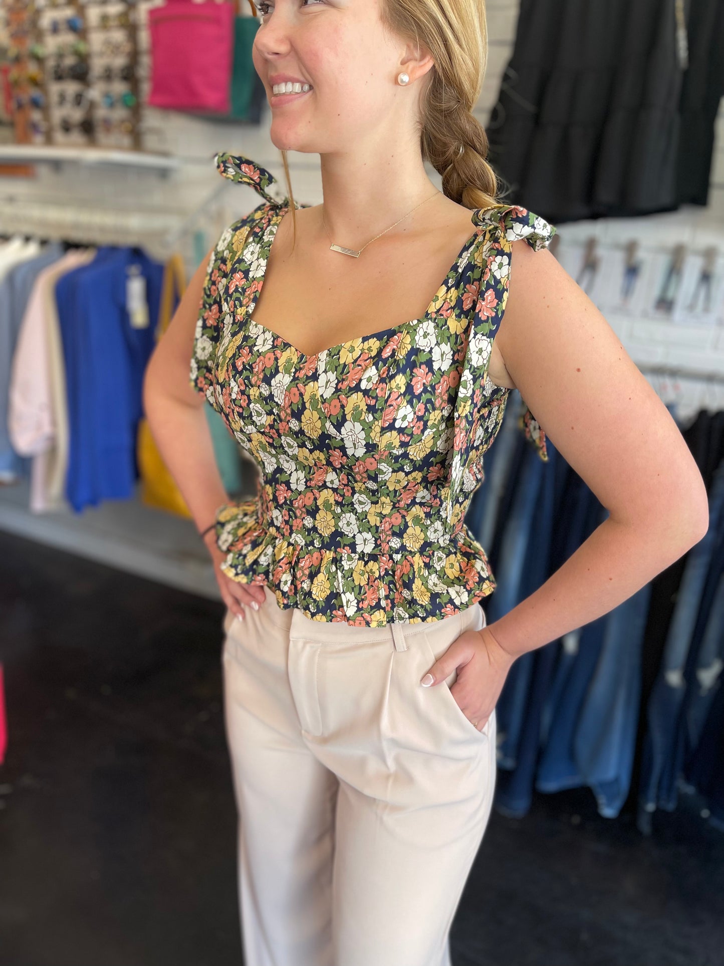 Wild Poppy Smocked Floral Navy Top