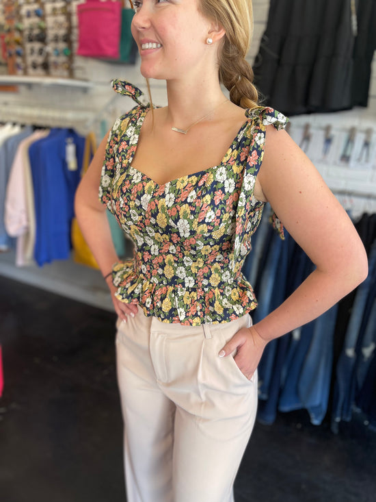 Wild Poppy Smocked Floral Navy Top